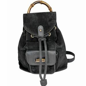 Gucci Vintage Bamboo Backpack Black Suede Leather Mini PM GHW 90s Italy 003205